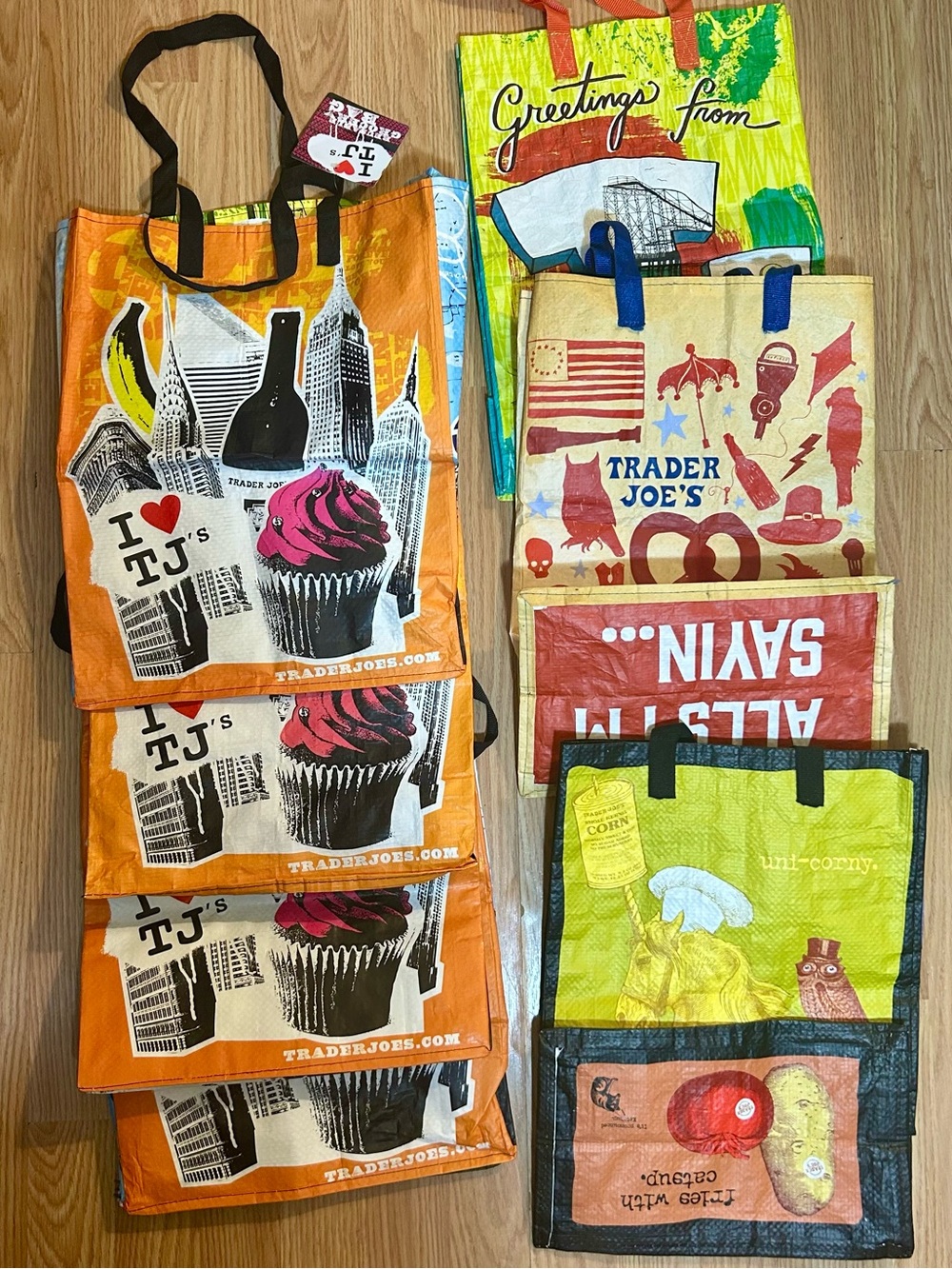 Trader Joe’s 7 Tote Bags CLEAN Reusable Shopping Bag Totes Brooklyn Bridge Owl